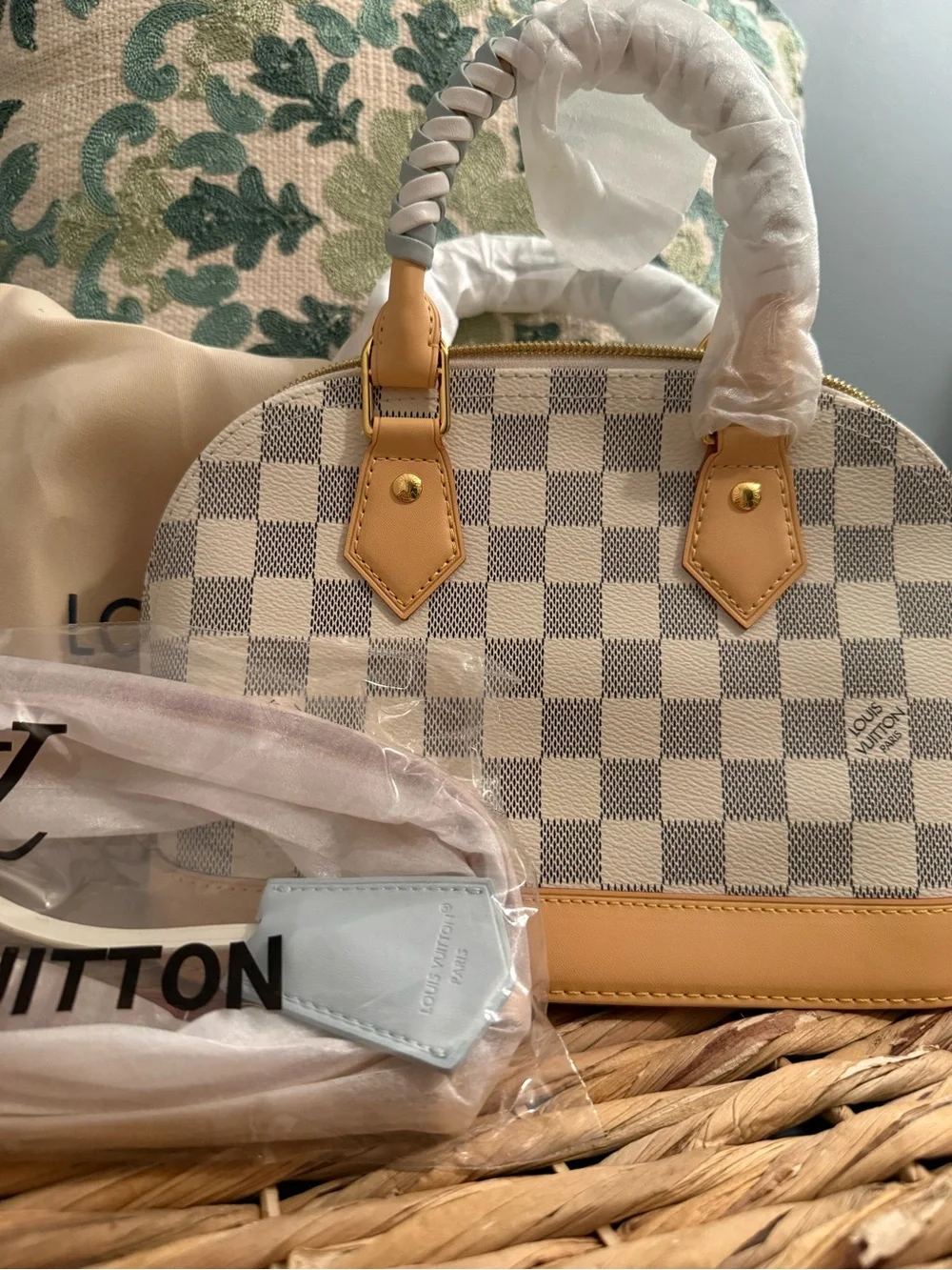 L V  White Checkered Top-Handle Bag with Braided Handle
